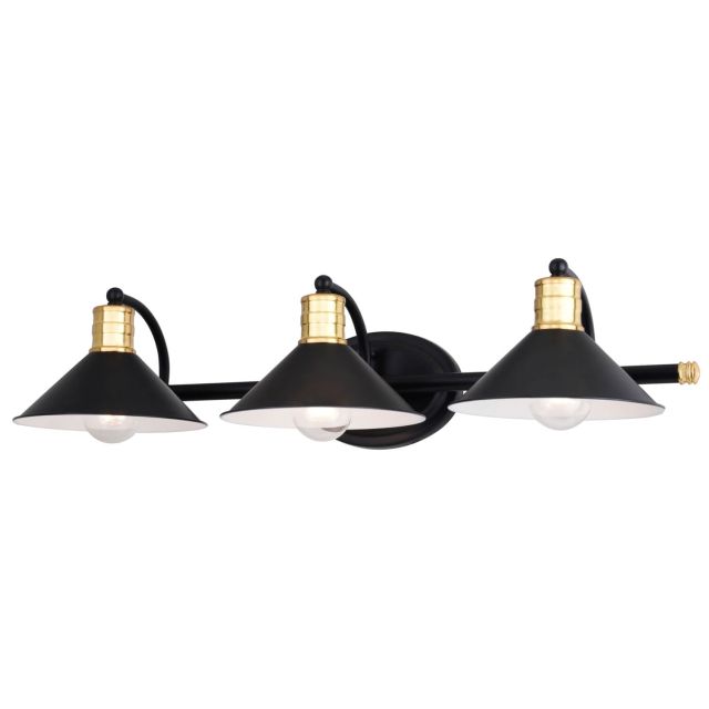 Vaxcel Lighting Akron 3 Light 28 inch Bath Vanity Light in Matte Black-Natural Brass Accents with Metal Cone Shades W0436