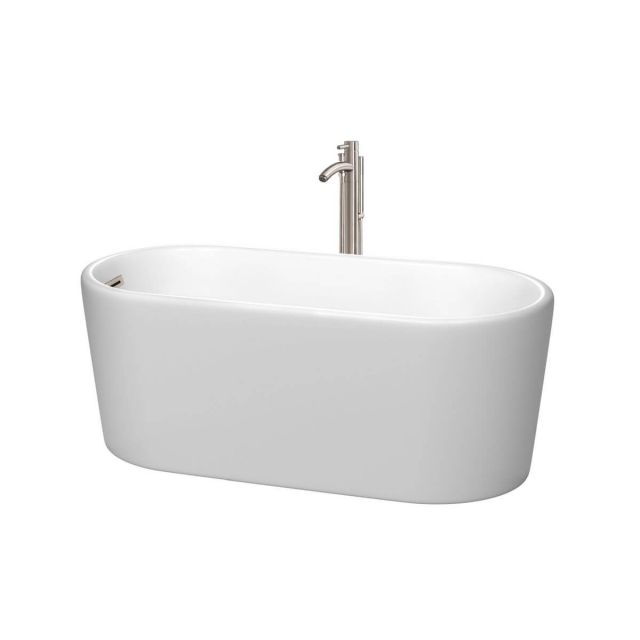 Wyndham Collection Ursula 59 Inch Freestanding Bathtub in Matte White with Floor Mounted Faucet with Drain and Overflow Trim in Brushed Nickel - WCBTE301159MWATP11BN