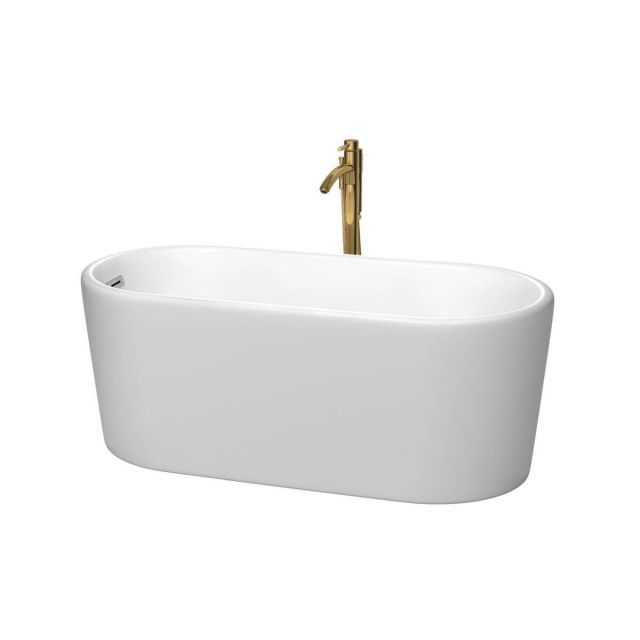 Wyndham Collection Ursula 59 inch Freestanding Bathtub in Matte White with Polished Chrome Trim and Floor Mounted Faucet in Brushed Gold - WCBTE301159MWPCATPGD
