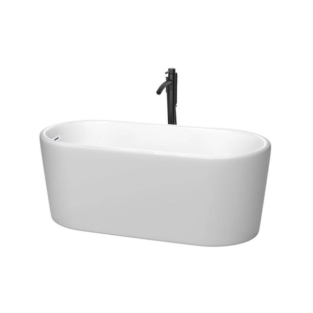 Wyndham Collection Ursula 59 inch Freestanding Bathtub in Matte White with Shiny White Trim and Floor Mounted Faucet in Matte Black - WCBTE301159MWSWATPBK