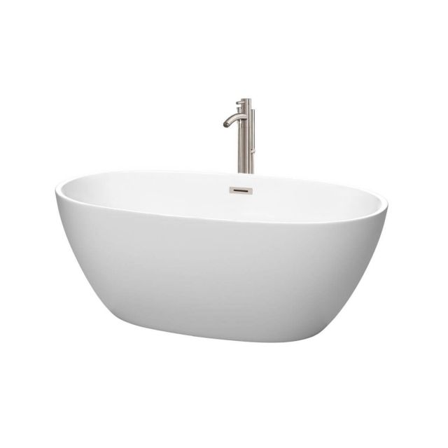 Wyndham Collection Juno 59 Inch Freestanding Bathtub in Matte White with Floor Mounted Faucet with Drain and Overflow Trim in Brushed Nickel - WCBTE306159MWATP11BN