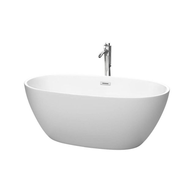 Wyndham Collection Juno 59 Inch Freestanding Bathtub in Matte White with Floor Mounted Faucet with Drain and Overflow Trim in Polished Chrome - WCBTE306159MWATP11PC