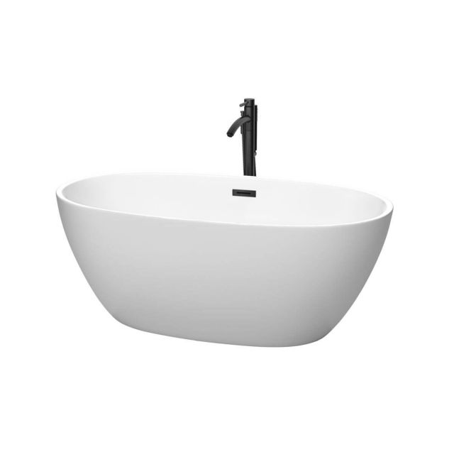 Wyndham Collection Juno 59 inch Freestanding Bathtub in Matte White with Floor Mounted Faucet, Drain and Overflow Trim in Matte Black - WCBTE306159MWMBATPBK