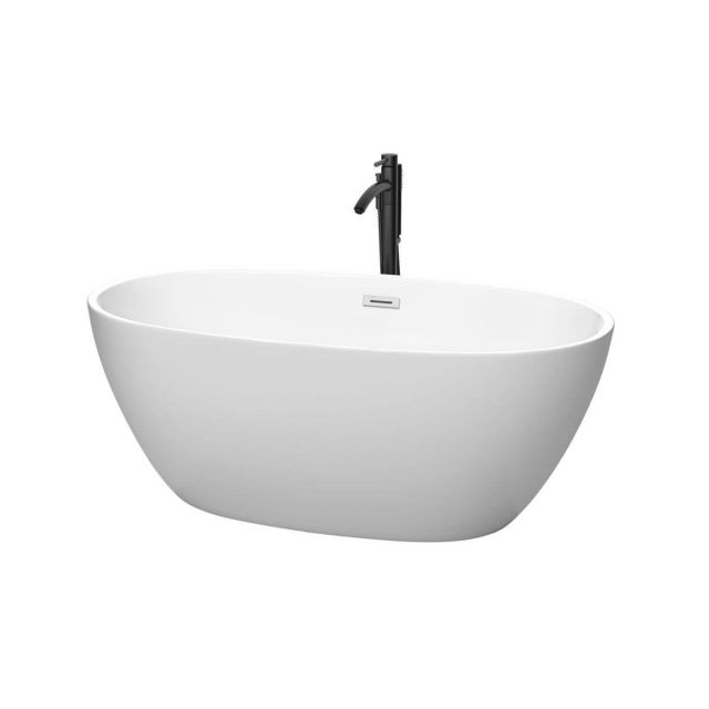 Wyndham Collection Juno 59 inch Freestanding Bathtub in Matte White with Polished Chrome Trim and Floor Mounted Faucet in Matte Black - WCBTE306159MWPCATPBK