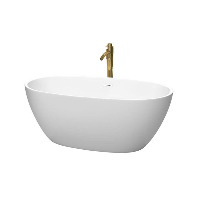 Wyndham Collection Juno 59 inch Freestanding Bathtub in Matte White with Shiny White Trim and Floor Mounted Faucet in Brushed Gold - WCBTE306159MWSWATPGD