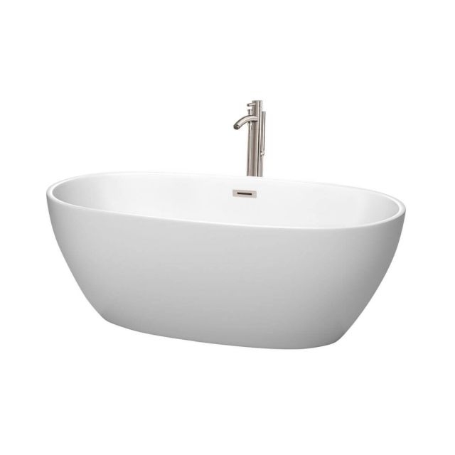 Wyndham Collection Juno 63 Inch Freestanding Bathtub in Matte White with Floor Mounted Faucet with Drain and Overflow Trim in Brushed Nickel - WCBTE306163MWATP11BN