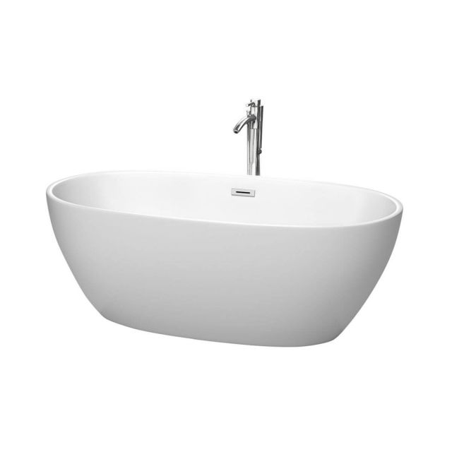 Wyndham Collection Juno 63 Inch Freestanding Bathtub in Matte White with Floor Mounted Faucet with Drain and Overflow Trim in Polished Chrome - WCBTE306163MWATP11PC