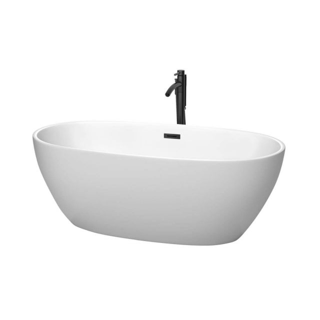 Wyndham Collection Juno 63 inch Freestanding Bathtub in Matte White with Floor Mounted Faucet, Drain and Overflow Trim in Matte Black - WCBTE306163MWMBATPBK