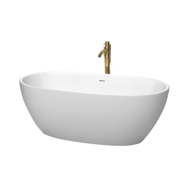 Wyndham Collection Juno 63 inch Freestanding Bathtub in Matte White with Shiny White Trim and Floor Mounted Faucet in Brushed Gold - WCBTE306163MWSWATPGD
