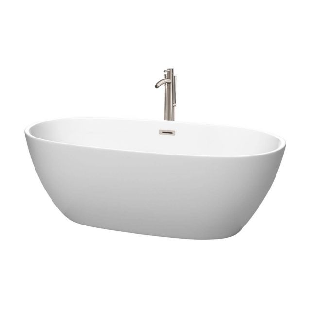 Wyndham Collection Juno 67 Inch Freestanding Bathtub in Matte White with Floor Mounted Faucet with Drain and Overflow Trim in Brushed Nickel - WCBTE306167MWATP11BN