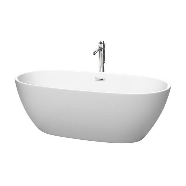 Wyndham Collection Juno 67 Inch Freestanding Bathtub in Matte White with Floor Mounted Faucet with Drain and Overflow Trim in Polished Chrome - WCBTE306167MWATP11PC