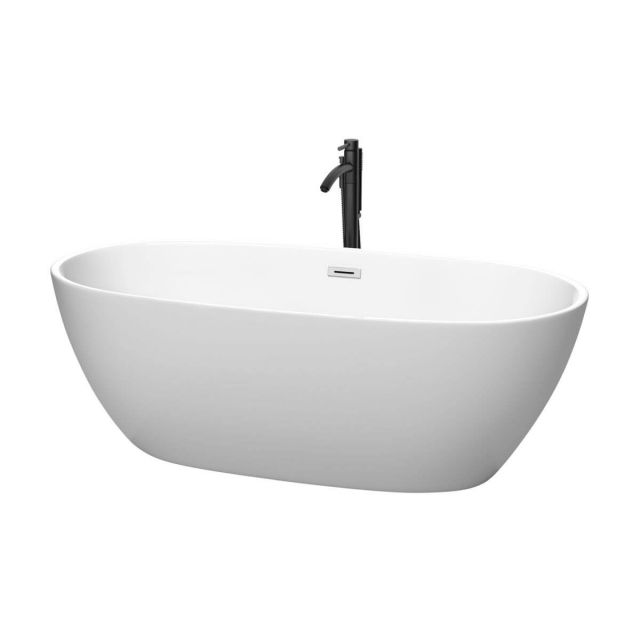 Wyndham Collection Juno 67 inch Freestanding Bathtub in Matte White with Polished Chrome Trim and Floor Mounted Faucet in Matte Black - WCBTE306167MWPCATPBK