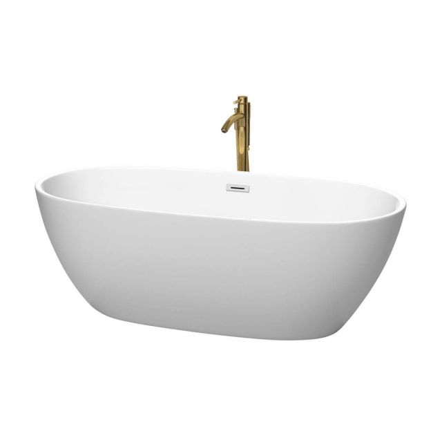 Wyndham Collection Juno 67 inch Freestanding Bathtub in Matte White with Polished Chrome Trim and Floor Mounted Faucet in Brushed Gold - WCBTE306167MWPCATPGD