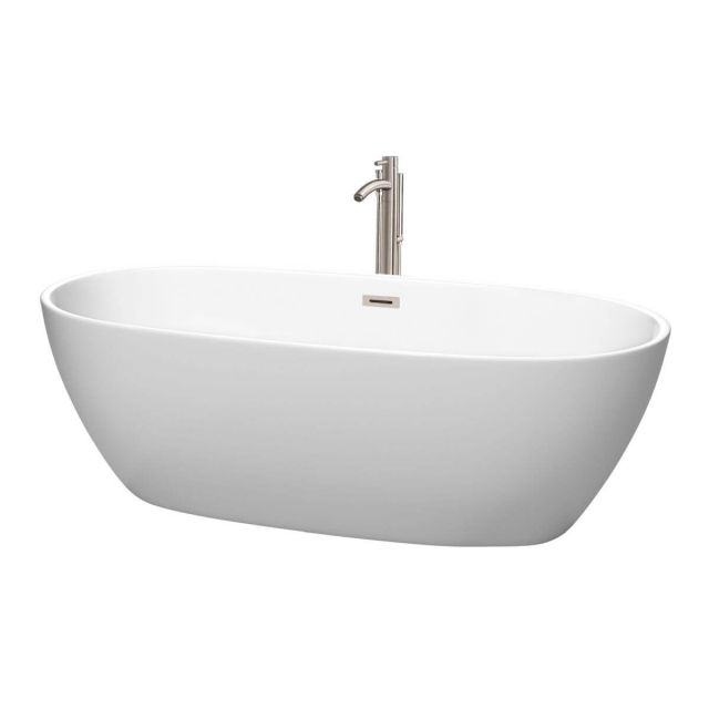 Wyndham Collection Juno 71 Inch Freestanding Bathtub in Matte White with Floor Mounted Faucet with Drain and Overflow Trim in Brushed Nickel - WCBTE306171MWATP11BN