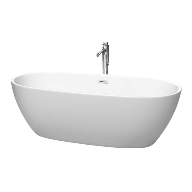 Wyndham Collection Juno 71 Inch Freestanding Bathtub in Matte White with Floor Mounted Faucet with Drain and Overflow Trim in Polished Chrome - WCBTE306171MWATP11PC