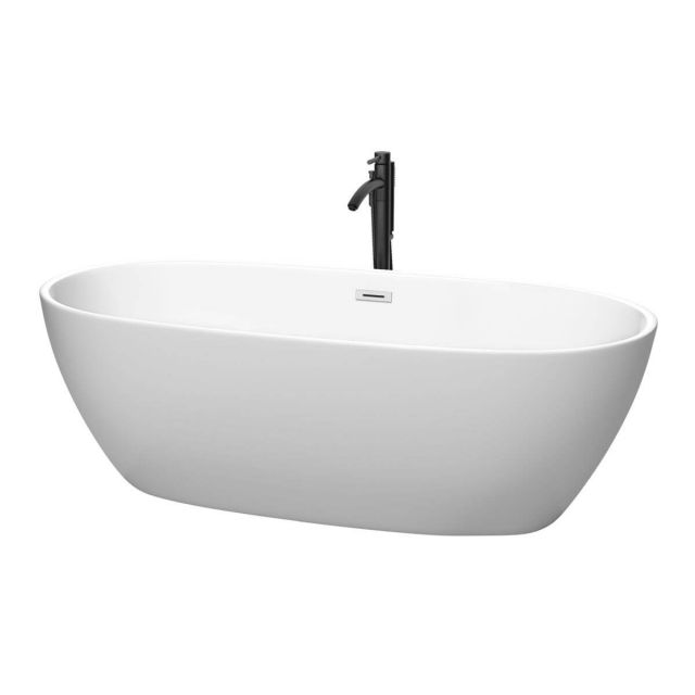 Wyndham Collection Juno 71 inch Freestanding Bathtub in Matte White with Polished Chrome Trim and Floor Mounted Faucet in Matte Black - WCBTE306171MWPCATPBK