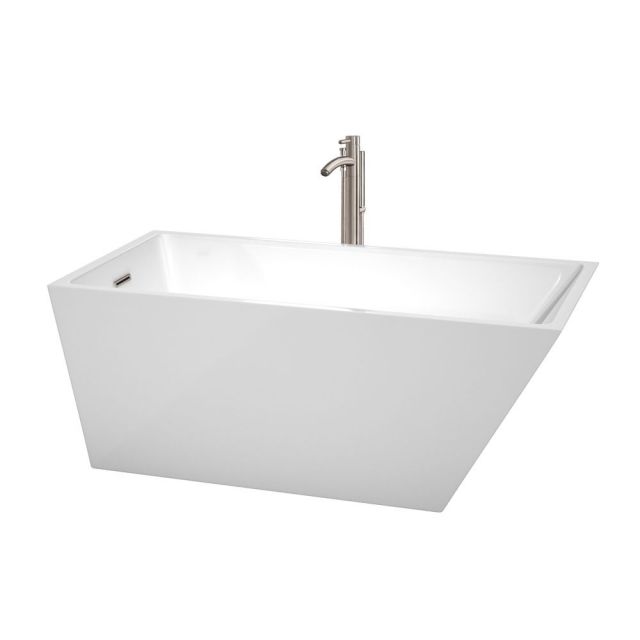 Wyndham Collection Hannah 59 Inch Freestanding Bath Tub In White With Floor Mounted Faucet And Drain And Overflow Trim In Brushed Nickel - WCBTK150159ATP11BN