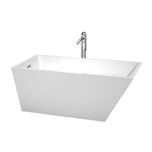 Wyndham Collection Hannah 59 Inch Center Drain Soaking Tub In White with Floor Mounted Faucet In Chrome - WCBTK150159ATP11PC