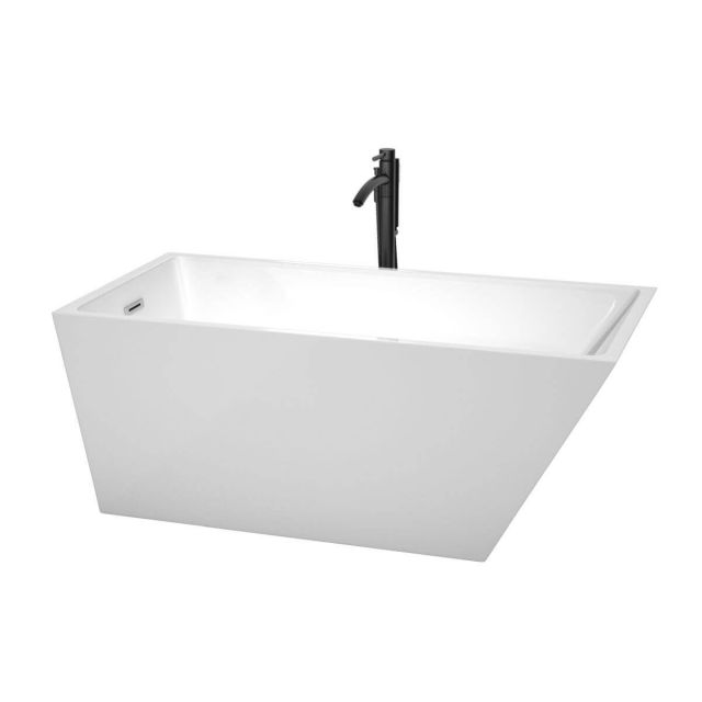 Wyndham Collection Hannah 59 inch Freestanding Bathtub in White with Polished Chrome Trim and Floor Mounted Faucet in Matte Black - WCBTK150159PCATPBK