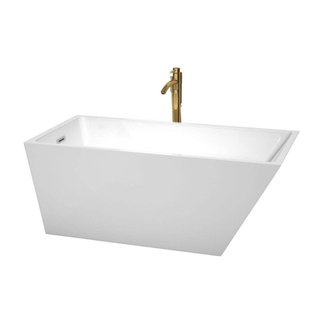 Wyndham Collection Hannah 59 inch Freestanding Bathtub in White with Polished Chrome Trim and Floor Mounted Faucet in Brushed Gold - WCBTK150159PCATPGD