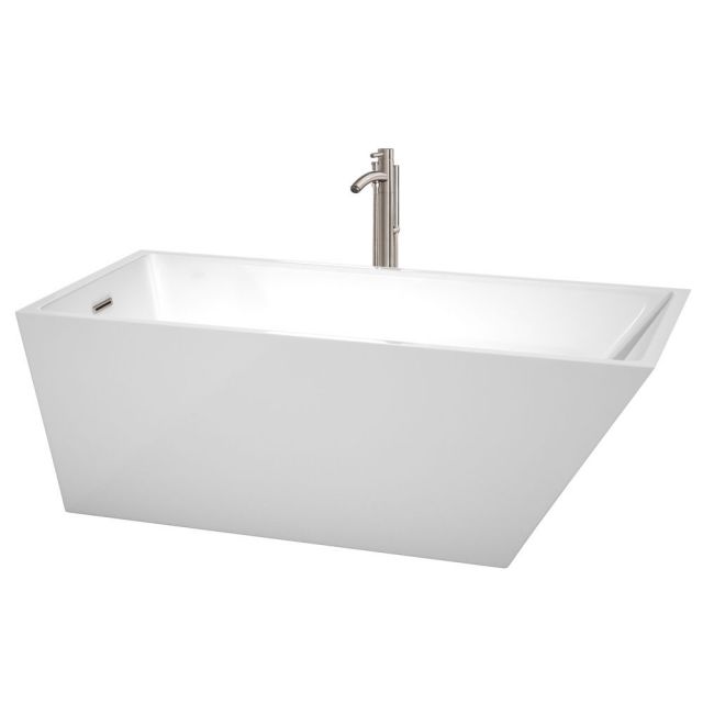 Wyndham Collection Hannah 67 Inch Freestanding Bath Tub In White With Floor Mounted Faucet And Drain And Overflow Trim In Brushed Nickel - WCBTK150167ATP11BN