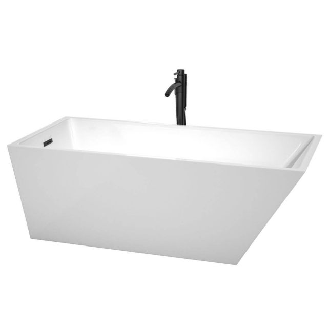 Wyndham Collection Hannah 67 inch Freestanding Bathtub in White with Floor Mounted Faucet, Drain and Overflow Trim in Matte Black - WCBTK150167MBATPBK