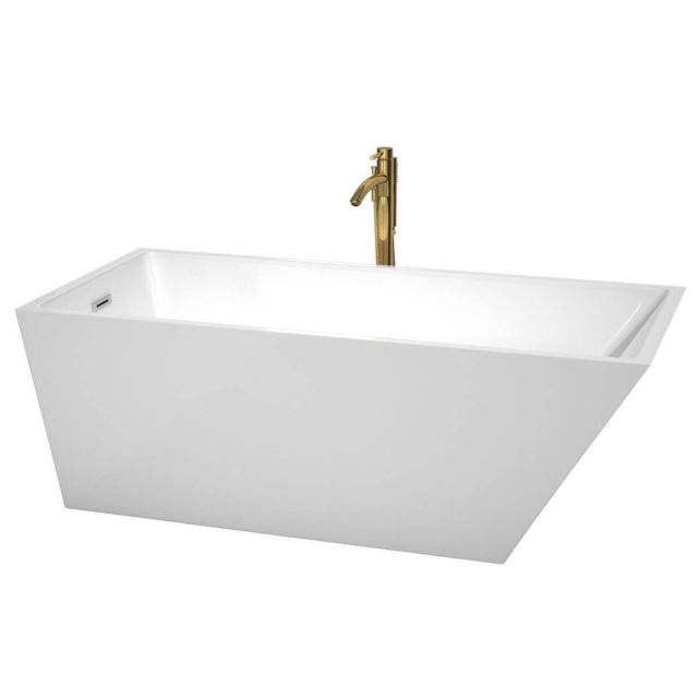 Wyndham Collection Hannah 67 inch Freestanding Bathtub in White with Polished Chrome Trim and Floor Mounted Faucet in Brushed Gold - WCBTK150167PCATPGD