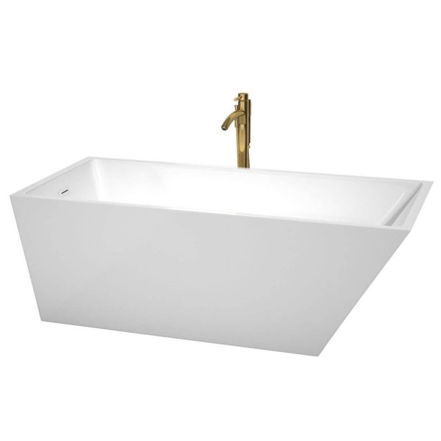 Wyndham Collection Hannah 67 inch Freestanding Bathtub in White with Shiny White Trim and Floor Mounted Faucet in Brushed Gold - WCBTK150167SWATPGD
