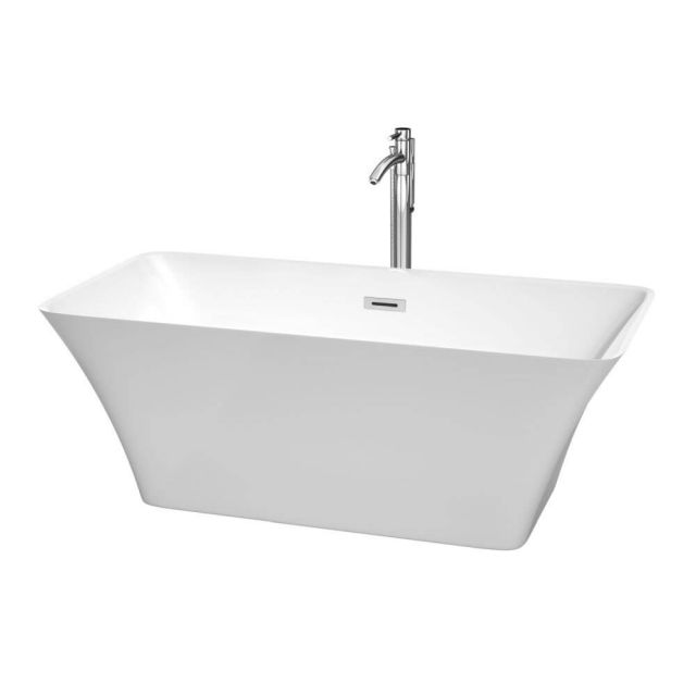 Wyndham Collection Tiffany 59 Inch Center Drain Soaking Tub In White with Floor Mounted Faucet In Chrome - WCBTK150459ATP11PC