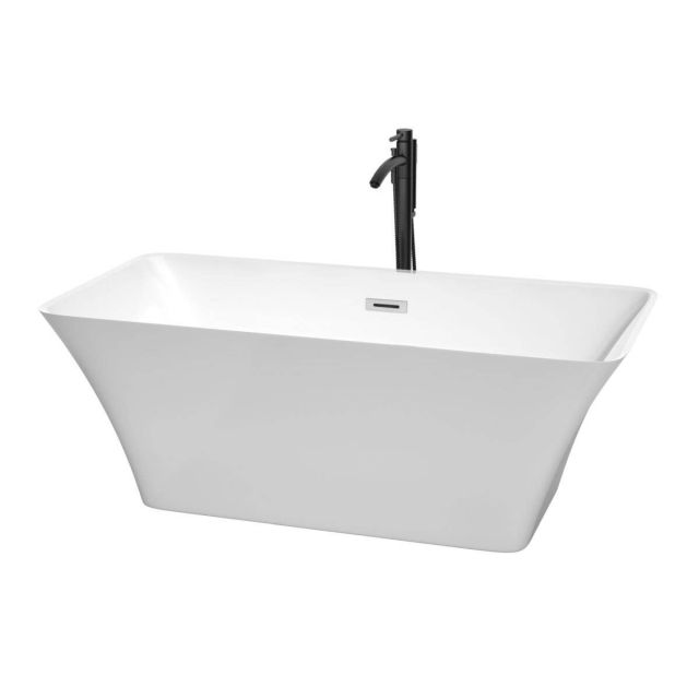Wyndham Collection Tiffany 59 inch Freestanding Bathtub in White with Polished Chrome Trim and Floor Mounted Faucet in Matte Black - WCBTK150459PCATPBK