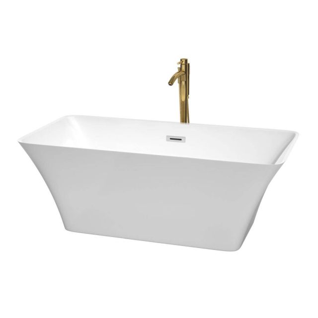 Wyndham Collection Tiffany 59 inch Freestanding Bathtub in White with Polished Chrome Trim and Floor Mounted Faucet in Brushed Gold - WCBTK150459PCATPGD