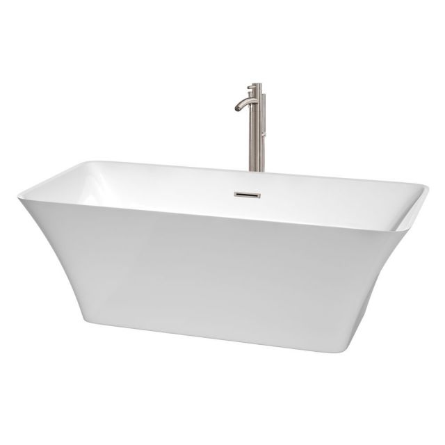 Wyndham Collection Tiffany 67 Inch Freestanding Bath Tub In White With Floor Mounted Faucet And Drain And Overflow Trim In Brushed Nickel - WCBTK150467ATP11BN