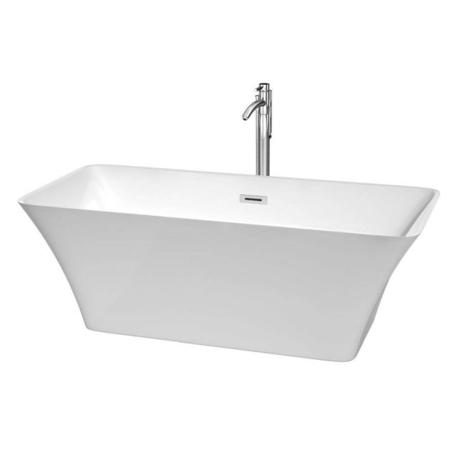 Wyndham Collection Tiffany 67 Inch Center Drain Soaking Tub In White with Floor Mounted Faucet In Chrome - WCBTK150467ATP11PC