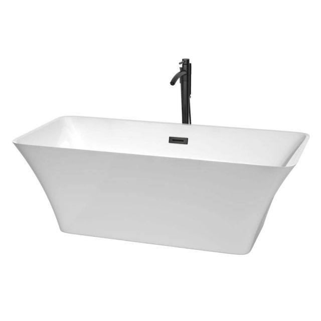 Wyndham Collection Tiffany 67 inch Freestanding Bathtub in White with Floor Mounted Faucet, Drain and Overflow Trim in Matte Black - WCBTK150467MBATPBK