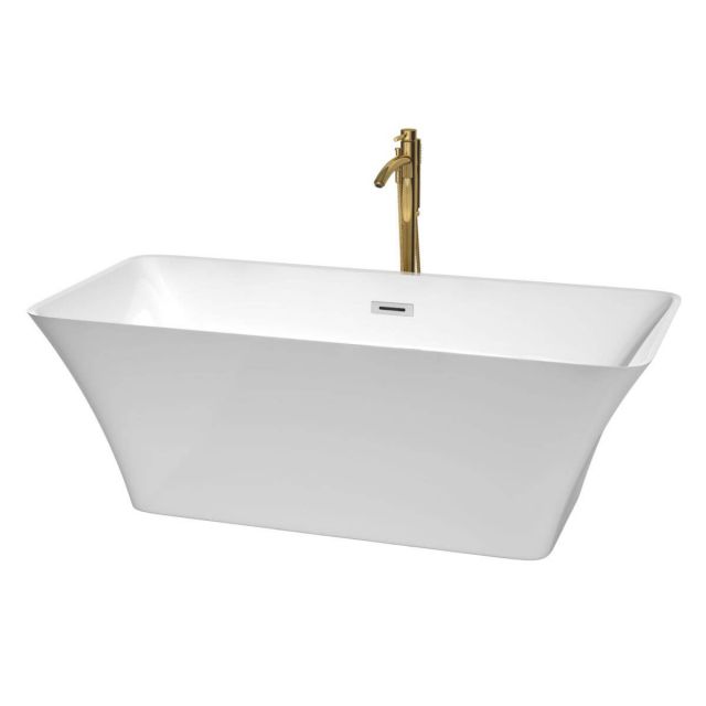 Wyndham Collection Tiffany 67 inch Freestanding Bathtub in White with Polished Chrome Trim and Floor Mounted Faucet in Brushed Gold - WCBTK150467PCATPGD