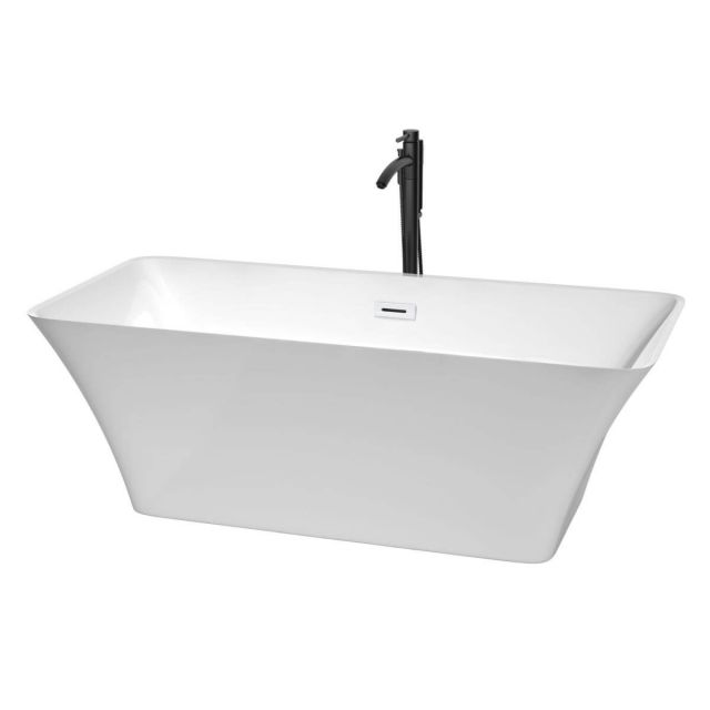Wyndham Collection Tiffany 67 inch Freestanding Bathtub in White with Shiny White Trim and Floor Mounted Faucet in Matte Black - WCBTK150467SWATPBK