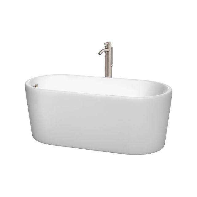 Wyndham Collection Ursula 59 Inch Freestanding Bath Tub In White With Floor Mounted Faucet And Drain And Overflow Trim In Brushed Nickel - WCBTK151159ATP11BN