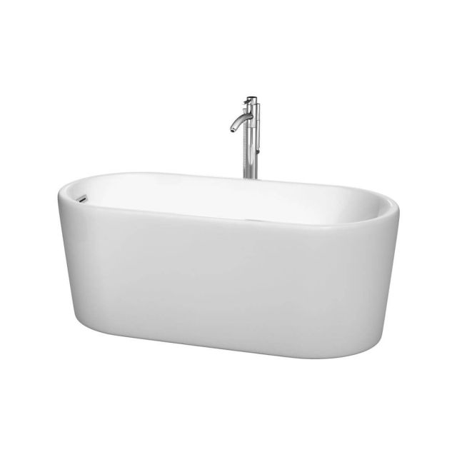 Wyndham Collection Ursula 59 inch Freestanding Bathtub in White with Floor Mounted Faucet, Drain and Overflow Trim in Polished Chrome - WCBTK151159ATP11PC
