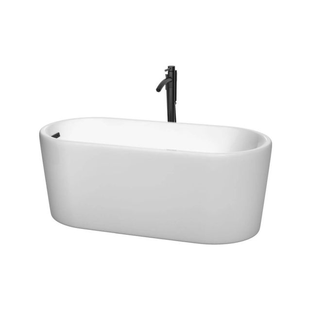 Wyndham Collection Ursula 59 inch Freestanding Bathtub in White with Floor Mounted Faucet, Drain and Overflow Trim in Matte Black - WCBTK151159MBATPBK