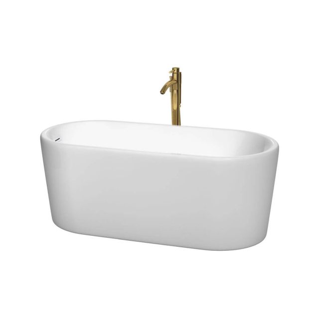 Wyndham Collection Ursula 59 inch Freestanding Bathtub in White with Shiny White Trim and Floor Mounted Faucet in Brushed Gold - WCBTK151159SWATPGD