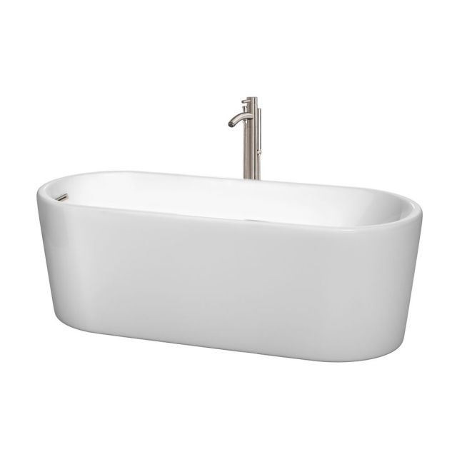 Wyndham Collection Ursula 67 Inch Freestanding Bath Tub In White With Floor Mounted Faucet And Drain And Overflow Trim In Brushed Nickel - WCBTK151167ATP11BN