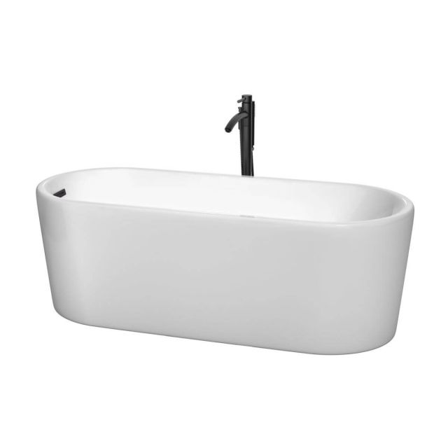 Wyndham Collection Ursula 67 inch Freestanding Bathtub in White with Floor Mounted Faucet, Drain and Overflow Trim in Matte Black - WCBTK151167MBATPBK