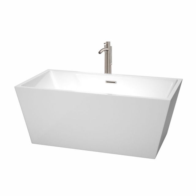 Wyndham Collection Sara 59 Inch Freestanding Bath Tub In White With Floor Mounted Faucet And Drain And Overflow Trim In Brushed Nickel - WCBTK151459ATP11BN
