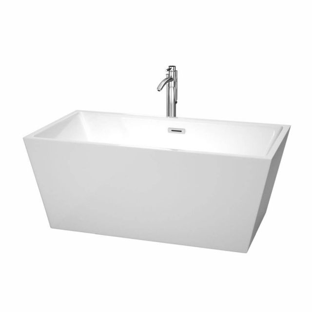 Wyndham Collection Sara 59 Inch Center Drain Soaking Tub In White with Floor Mounted Faucet In Chrome - WCBTK151459ATP11PC