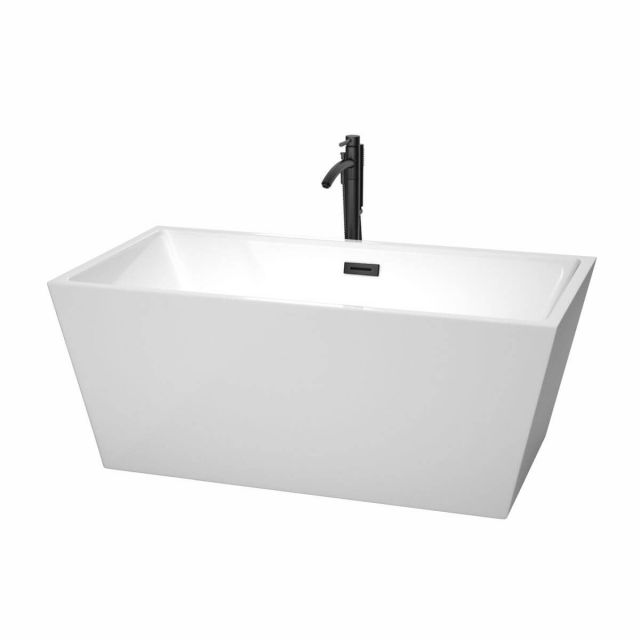 Wyndham Collection Sara 59 inch Freestanding Bathtub in White with Floor Mounted Faucet, Drain and Overflow Trim in Matte Black - WCBTK151459MBATPBK