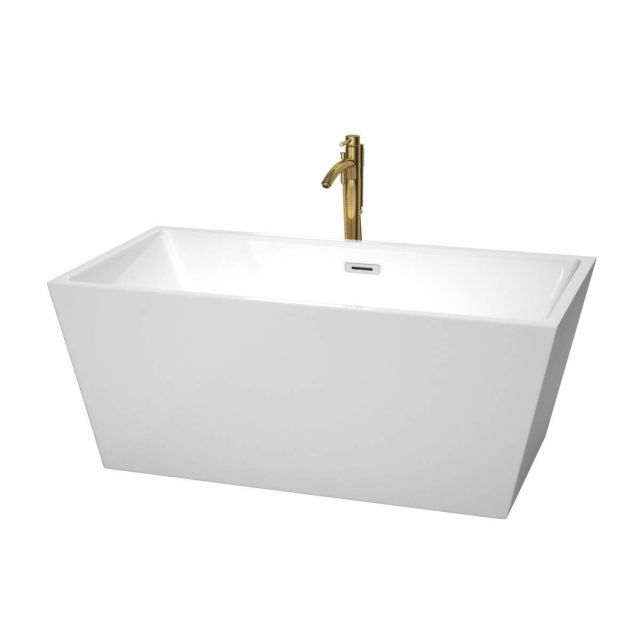 Wyndham Collection Sara 59 inch Freestanding Bathtub in White with Polished Chrome Trim and Floor Mounted Faucet in Brushed Gold - WCBTK151459PCATPGD