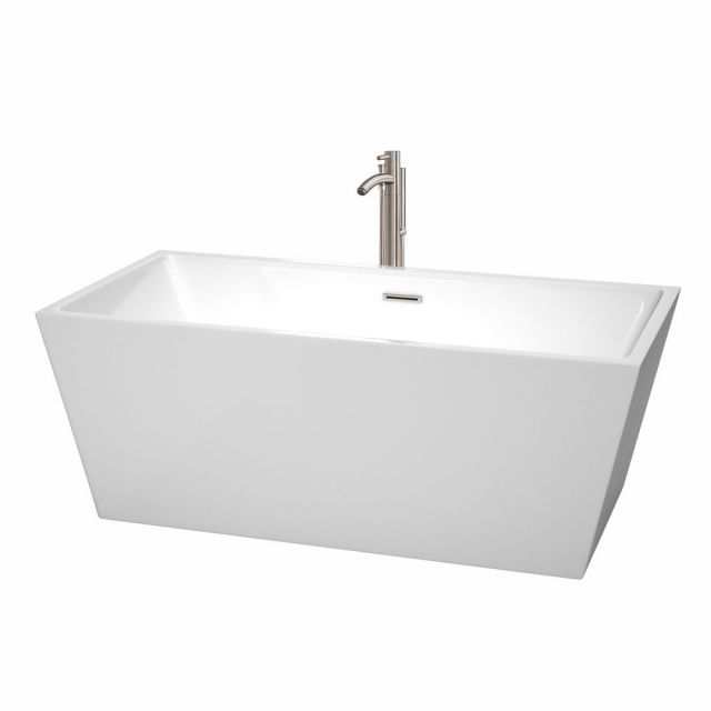 Wyndham Collection Sara 63 Inch Freestanding Bath Tub In White With Floor Mounted Faucet And Drain And Overflow Trim In Brushed Nickel - WCBTK151463ATP11BN
