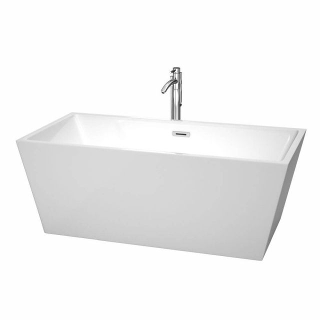 Wyndham Collection Sara 63 Inch Center Drain Soaking Tub In White with Floor Mounted Faucet In Chrome - WCBTK151463ATP11PC