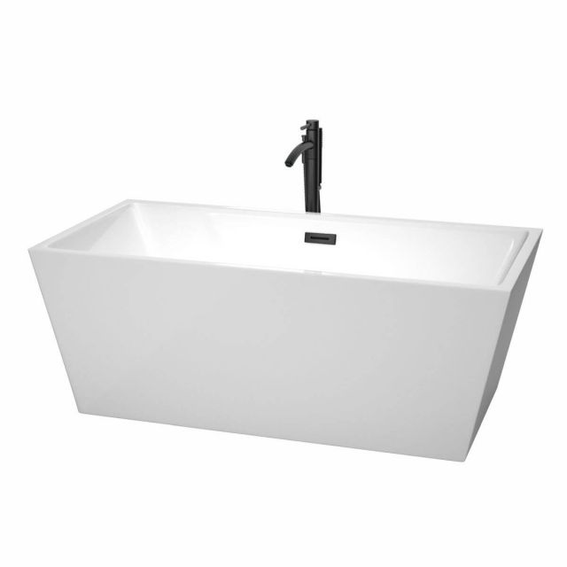 Wyndham Collection Sara 63 inch Freestanding Bathtub in White with Floor Mounted Faucet, Drain and Overflow Trim in Matte Black - WCBTK151463MBATPBK