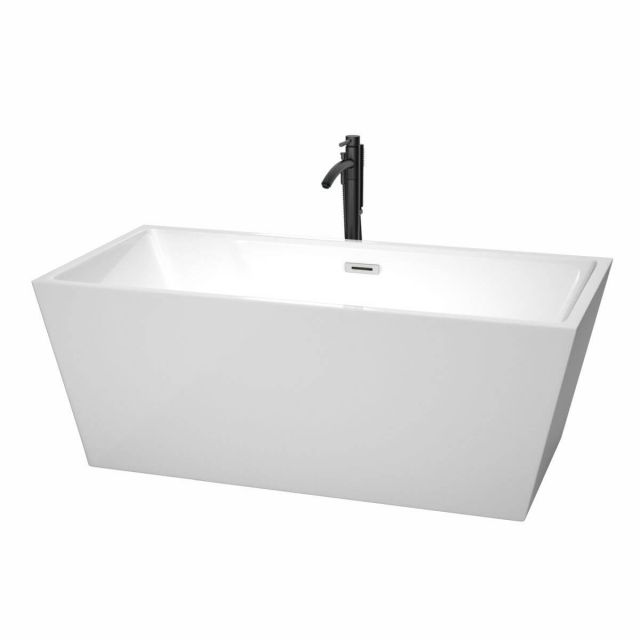 Wyndham Collection Sara 63 inch Freestanding Bathtub in White with Polished Chrome Trim and Floor Mounted Faucet in Matte Black - WCBTK151463PCATPBK
